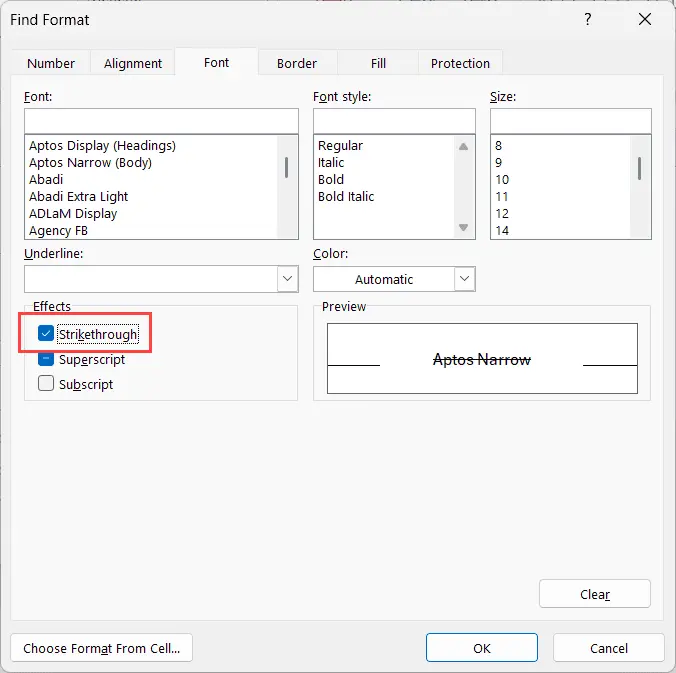 Check-the-strike-through-option-in-the-find-format-dialog-box