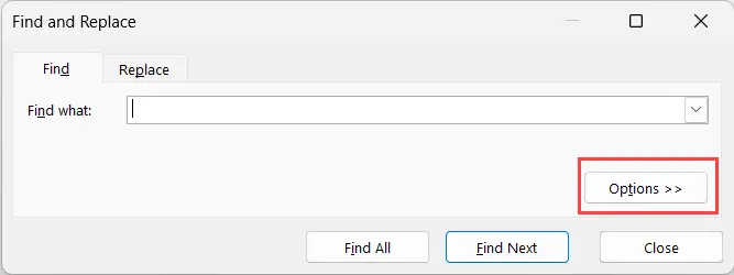 Click-on-the-options-button-in-the-find-and-replace-dialog-box